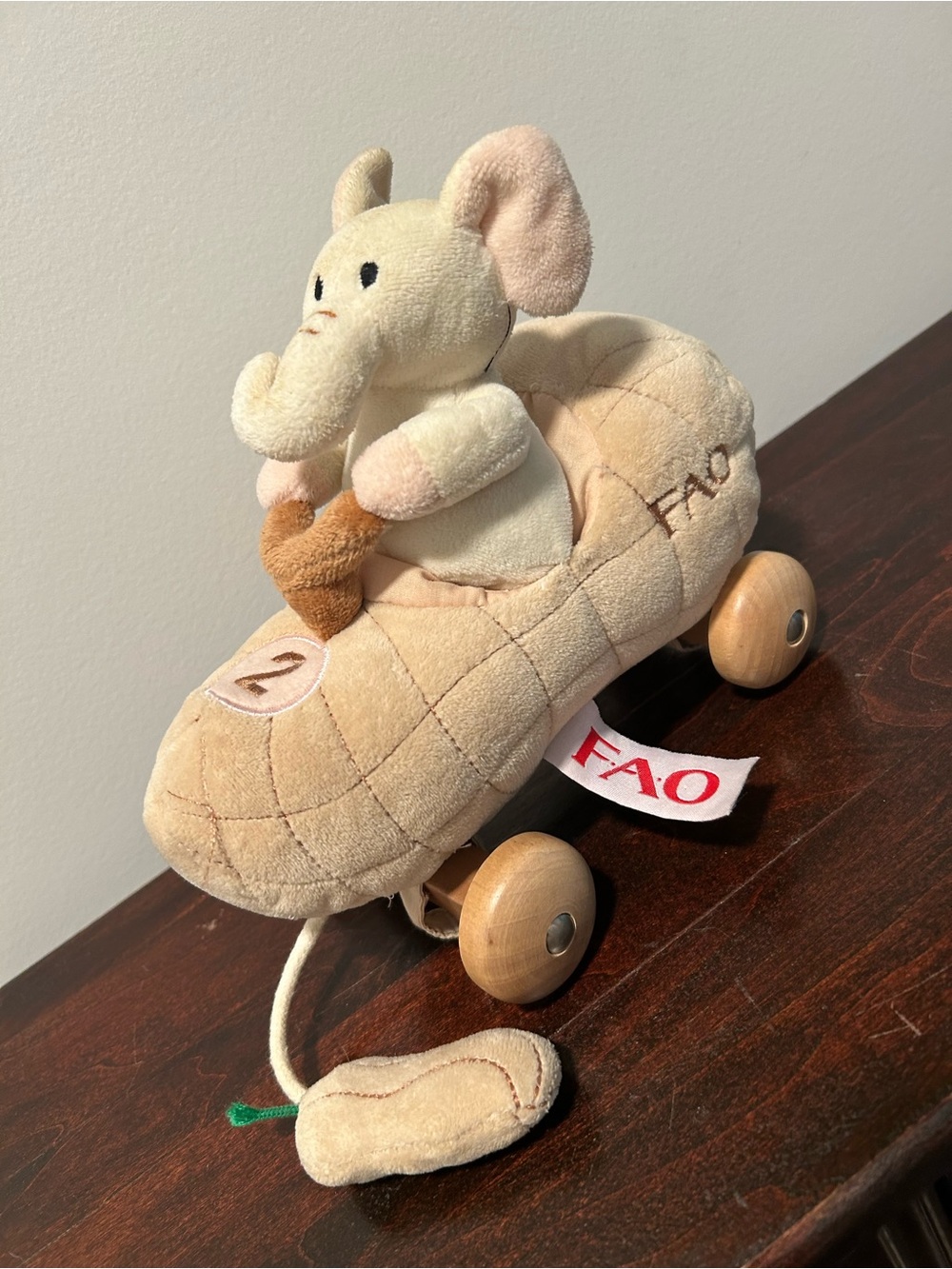FAO Schwarz Plush Elephant Driving Peanut Car Wooden Baby Pull Toy